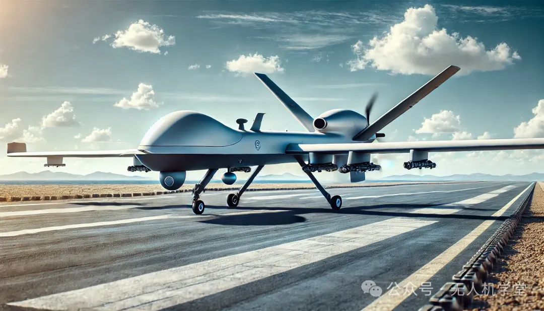 A large unmanned cargo aircraft on the runway, preparing for takeoff. The aircraft has a sleek design, emphasizing its heavy payload capacity and long-range capabilities. The background features a clear blue sky with scattered clouds, symbolizing the advancement of drone technology in logistics and transportation.