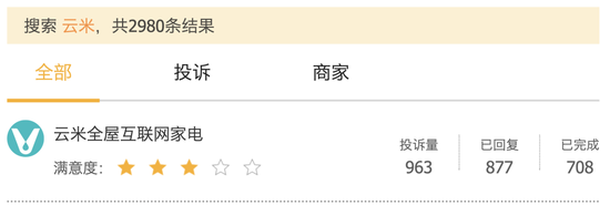 ▲黑猫投诉网站“云米全屋互联网家电”投诉量